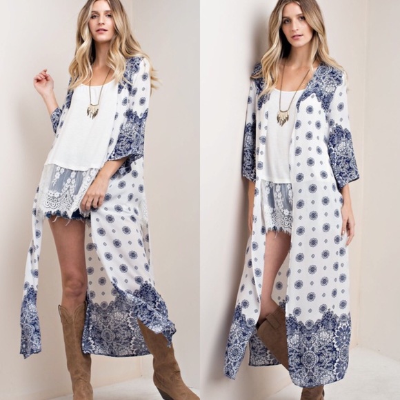 White and Navy Side Slit Duster - Picture 3 of 3